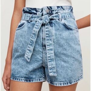 All Saints “Palmer” High-Rise Paperbag Denim Shorts with Tie in Snow Black
